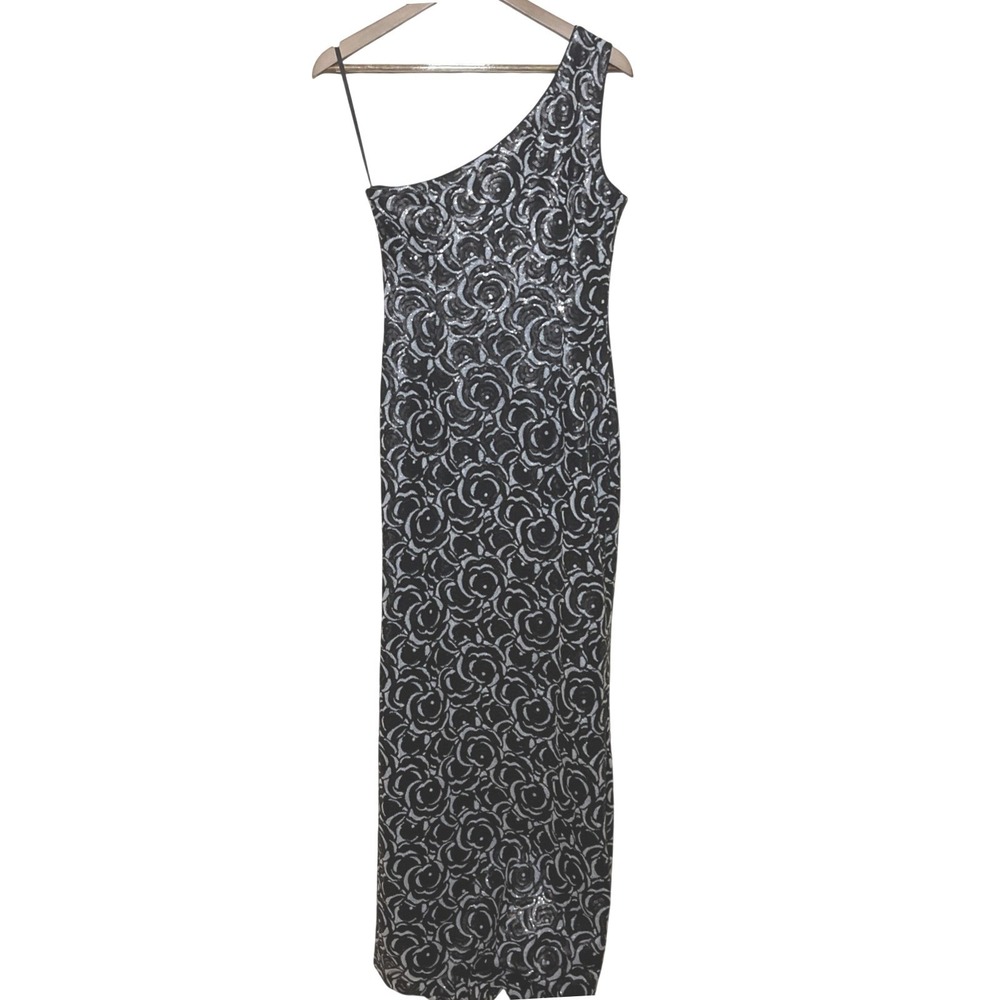 KARL LAGERFELD One-Shoulder Gown Long Dress Size 4‎ Side Slit Sequin Floral Gala - Picture 2 of 10
